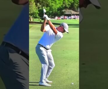 Adam Scott golf swing in slow motion. Iron shot down the line.