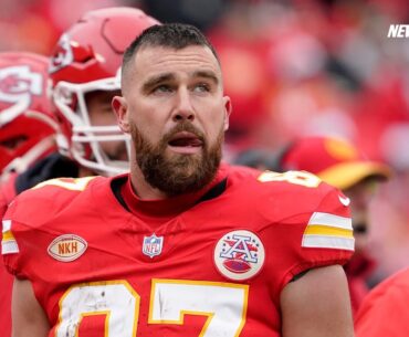 Travis Kelce launches helmet on Chiefs sideline as Taylor Swift looks on
