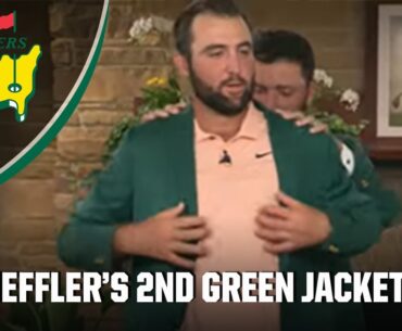 Scottie Scheffler receives 2nd green jacket from Jon Rahm after winning The Masters ⛳ | 2024 Masters