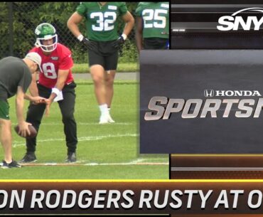 Connor Hughes and Jeane Coakley track the progress of Aaron Rodgers at Jets OTAs | SportsNite | SNY