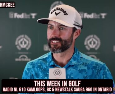 Adam Hadwin with Chris McKee following Rd 2 at the Memorial where he is the clubhouse leader