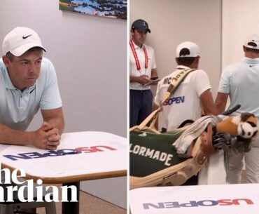 Roy McIlroy reacts after watching Bryson DeChambeau win the US Open