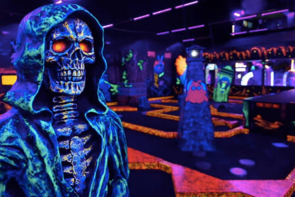 Image shows a skull figure at Monster Mini-Golf course in Houston