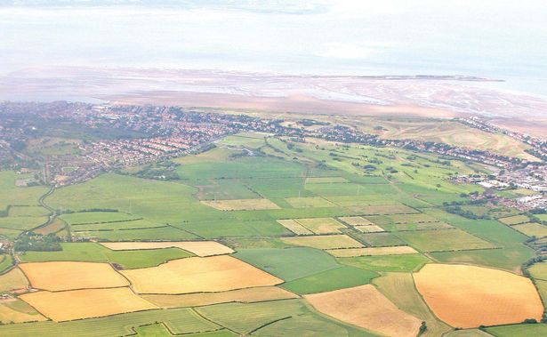 Wirral "golf resort" site, showing Hoylake and West Kirby, with the Royal Liverpool Golf Club on the right hand side and the local municipal course behind it.