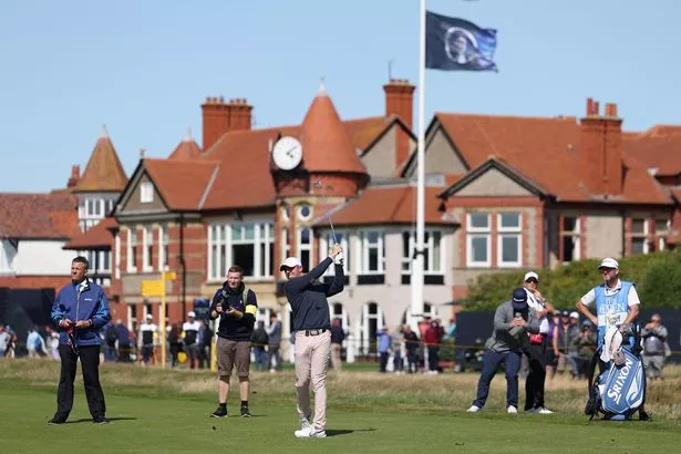 Rory McIlroy of Northern Ireland plays a shot on the 3rd hole during a practice round prior to The 151st Open at Royal Liverpool Golf Club on July 17, 2023