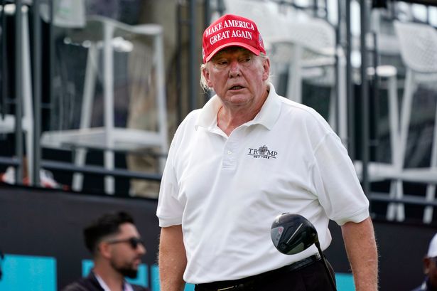 Former President Donald Trump plays in the pro-am round of the Bedminster Invitational LIV Golf tournament