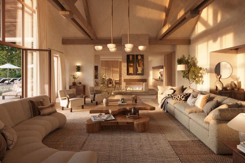 Designed with modern elegance, the interiors combine locally sourced wood and stone to create a warm, natural atmosphere, while each home also includes a private pool. A five-bedroom residence can be seen here. Photo courtesy of Les Bordes Golf Club.