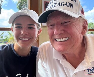 Donald Trump 's eldest granddaughter Kai, left, could be seen beaming after taking on her grandpa at a round of golf at the Trump International Golf Club in West Palm Beach, Florida