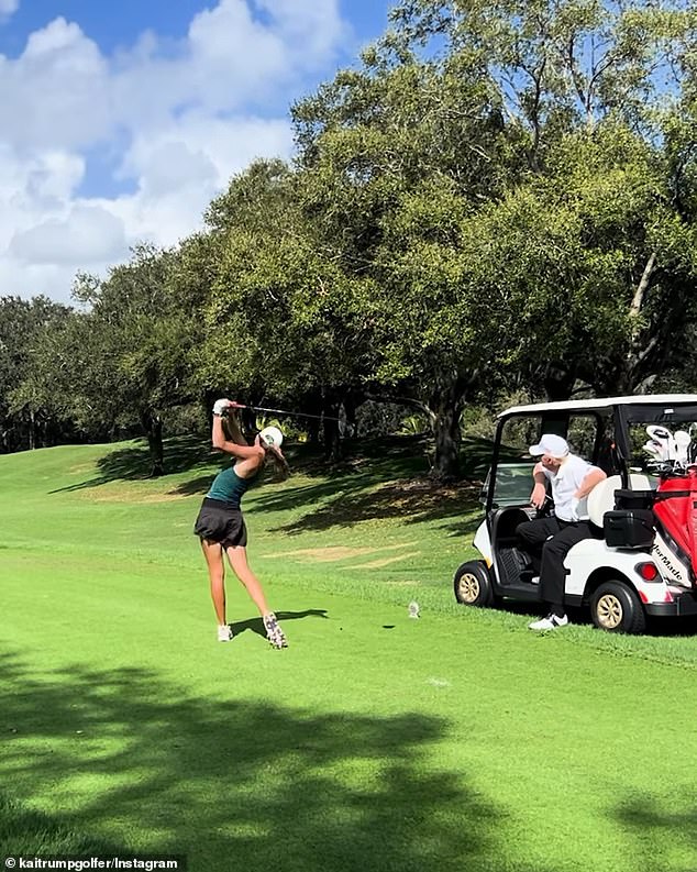In a series of short video clips, Donald could be seen looking on from his golf cart, appearing to analyze Kai's swing as his granddaughter hit a series of shots along the fairway