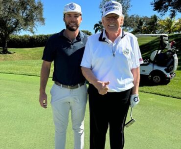 Donald Trump was back on the golf course on Friday with pros Sam Burns and Nick Dunlap