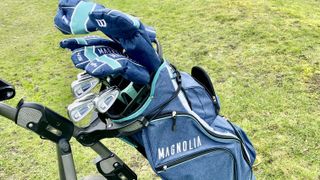 A close up of the Wilson Magnolia package set golf clubs, sitting on a golf cart