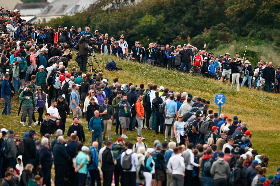 Rory McIlroy watches his shot from the rough on the first fairway during day four of the Amgen Irish Open Golf Championship 2024 at the Royal County Down Golf Club. Photo by Ramsey Cardy/Sportsfile