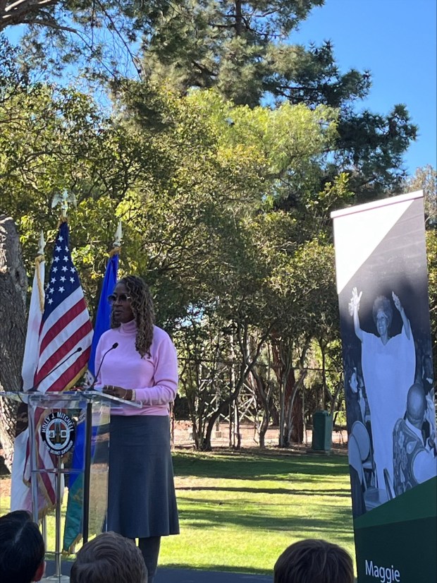 L.A. County Supervisor Holly J. Mitchell speaks at a groundbreaking...