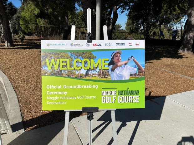 A welcome sign at the groundbreaking for the Maggie Hathaway...