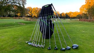 The TaylorMade RBZ SpeedLite package set with every club laid out on a tee box