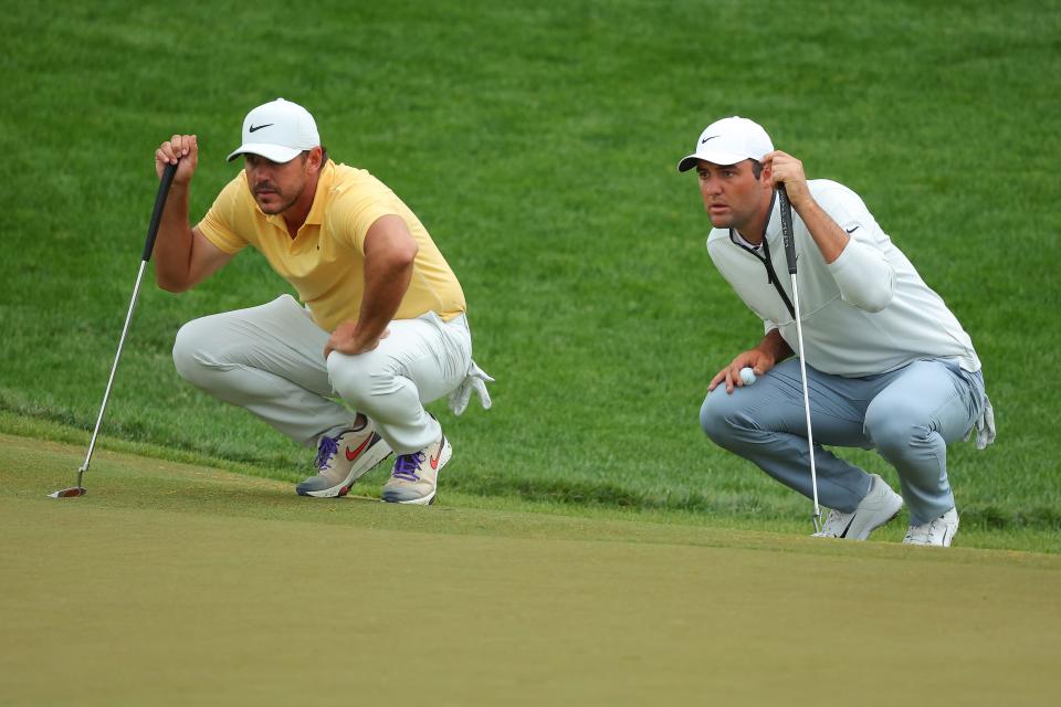 Brooks Koepka and Scottie Scheffler at the 2023 PGA Championship at Oak Hill Country Club. (Kevin C. Cox/Getty Images)
