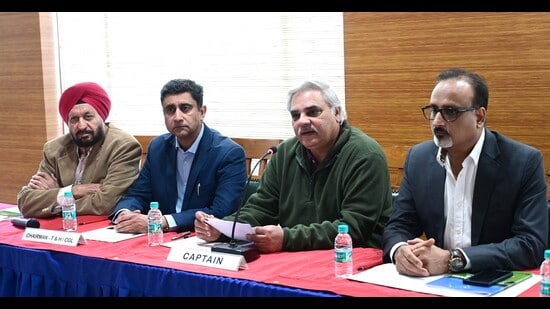 (From left) Chandigarh Golf Club’s GS Kochhar, Agnish Rajesh, Rohit Singh Dagar and Raman Abrol while addressing the media in Chandigarh on Sunday. (Keshav Singh/HT)