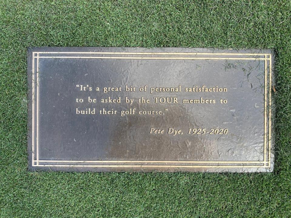 A new plaque at TPC Sawgrass commemorating golf course designer Pete Dye. Photo by Adam Schupak/Golfweek