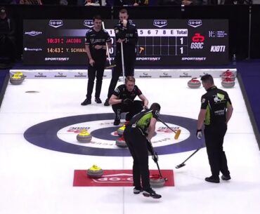 Was the button hole misplaced? Yannick Schwaller almost scores 5 vs Brad Jacobs