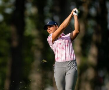 Leah John hits the ball during there CPKC Women’s Open, in Calgary on Thursday, July 25, 2024. THE CANADIAN PRESS/HO-Christian Bender MANDATORY CREDIT