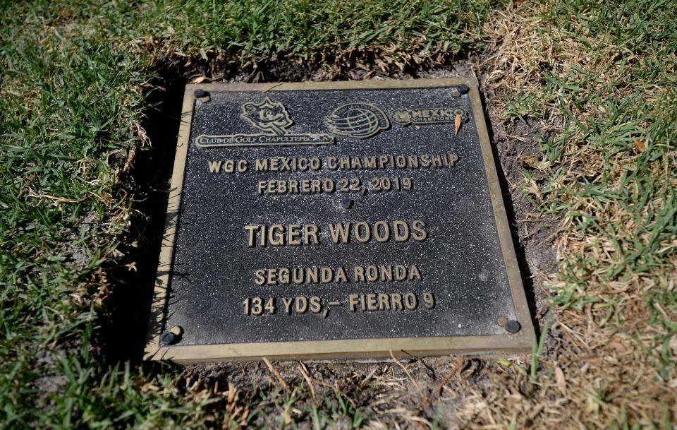 A detailed view of the plaque honoring a shot made by Tiger Woods on February 22, 2019, on the ninth hole at the WGC - Mexico Championship at Club de Golf Chapultepec. Photo by Orlando Ramirez/USA TODAY Sportss