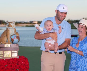 Scottie Scheffler celebrates his victory Sunday in the Bahamas with his wife, Meredith, and son, Bennett.