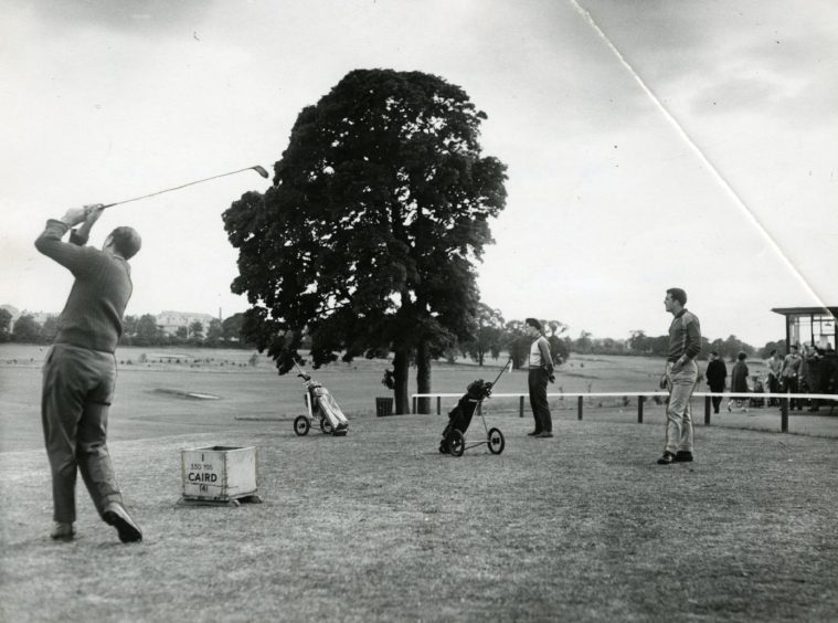 three players at the tee box at Caird Park in 1962.