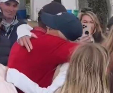 Tiger Woods hugs ex-wife Elin Nordegren moments after golf legend and son Charlie compete together at event