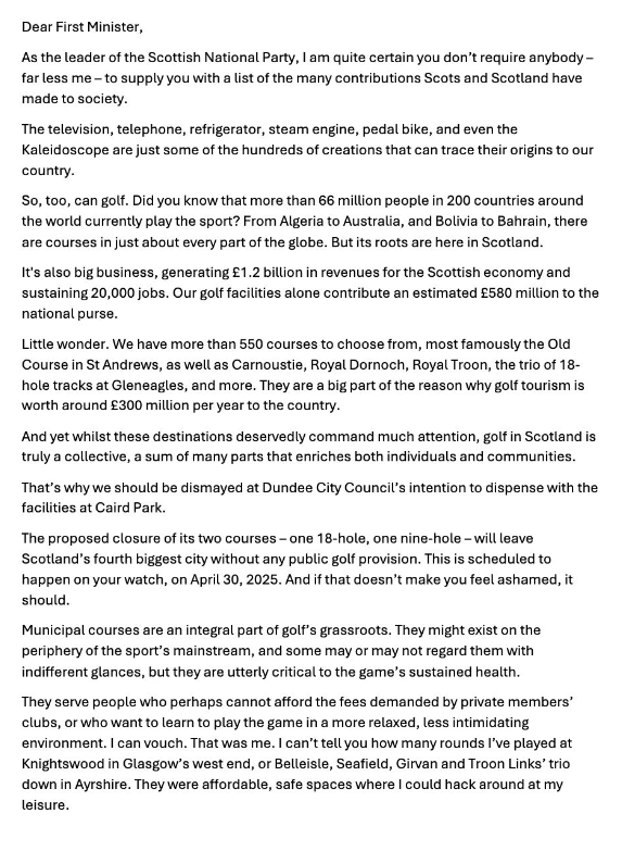 Michael McEwan, deputy editor of Bunkered, has written to John Swinney