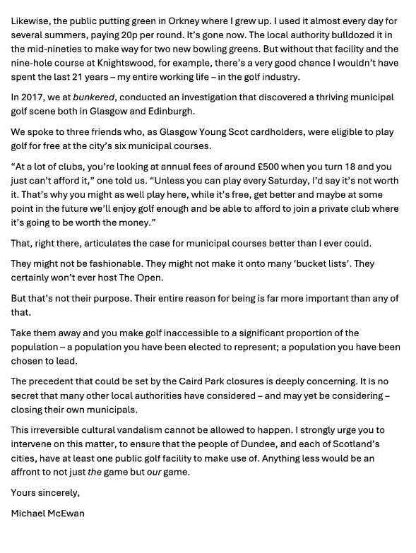 He is calling for a change in approach to golf from the SNP government