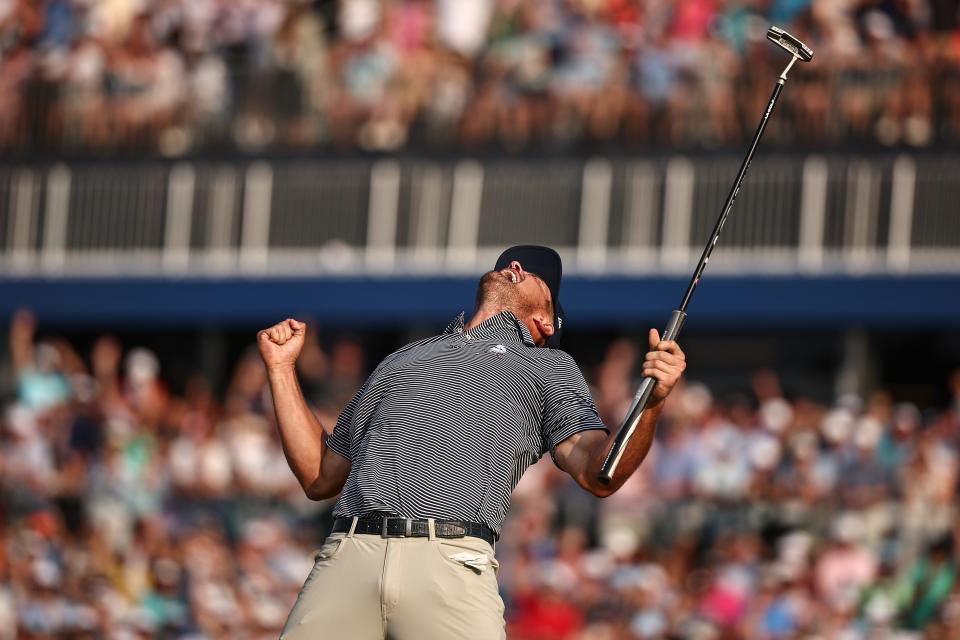 Bryson DeChambeau celebrates making a par on the 18th green to win during the final round of the 124th U.S. Open at Pinehurst Resort on June 16, 2024 in Pinehurst, North Carolina.