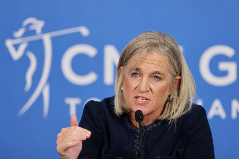 NAPLES, FLORIDA - NOVEMBER 20: LPGA commissioner Mollie Marcoux Samaan speaks to the media prior to the CME Group Tour Championship 2024 at Tiburon Golf Club on November 20, 2024 in Naples, Florida. (Photo by Michael Reaves/Getty Images)