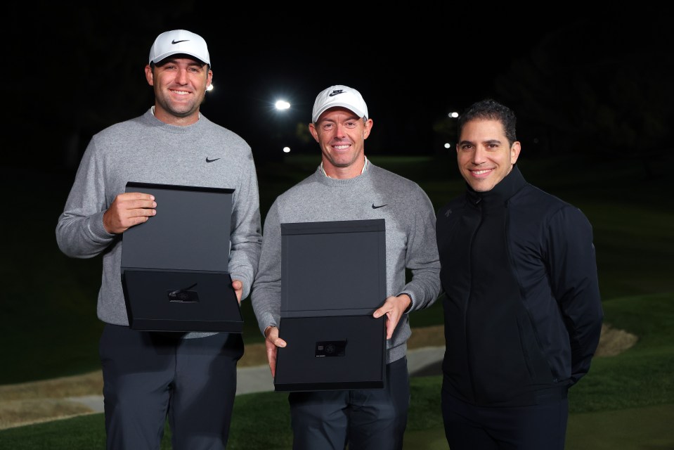 Scheffler and McIlroy celebrate after winning at Shadow Creek Golf Course