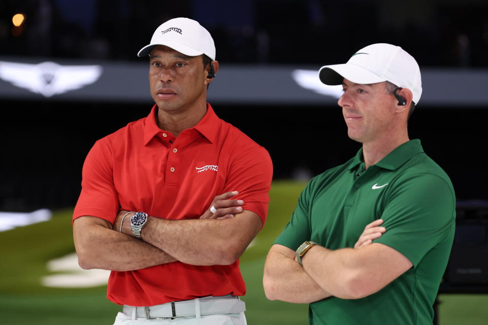 Tiger Woods and Rory McIlroy posted solid TV numbers on Monday night. (Megan Briggs/TGL/TGL via Getty Images)