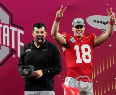 Golf cart with Ohio State coach Ryan Day, QB Will Howard crashes into wall