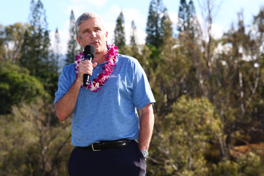 Jay Monahan speaks during the trophy ceremony following the final round of The Sentry 2025 at Plantation Course at Kapalua Golf Club on January 05, 2025 in Kapalua, Hawaii.