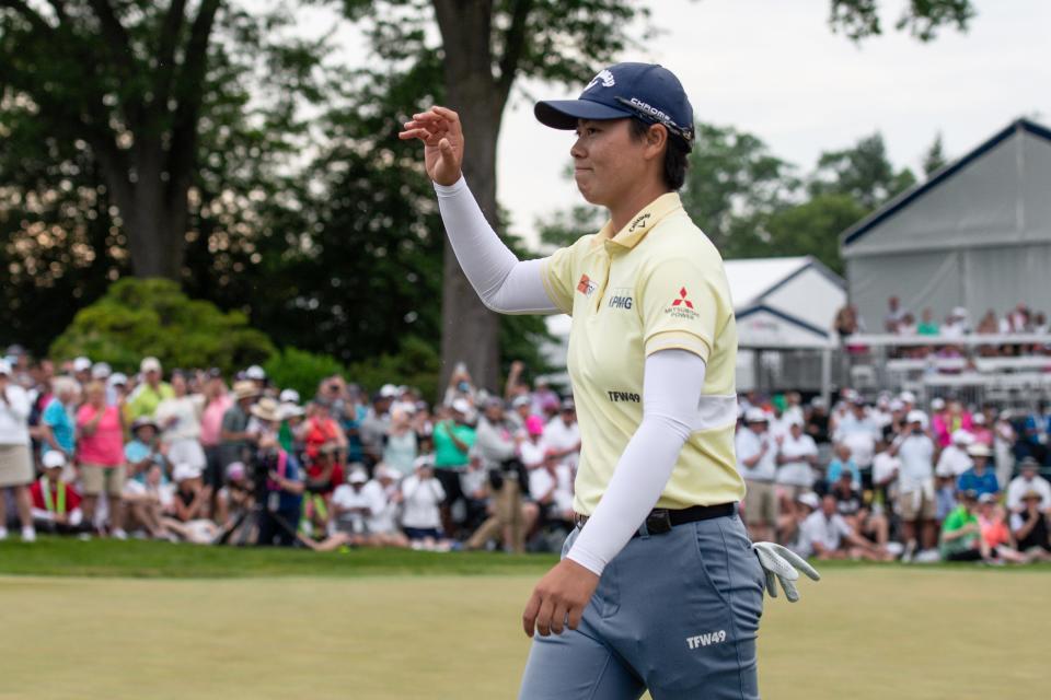 Yuka Saso celebrates after finishing out on 18 at the 2024 U.S. Women's Open at Lancaster Country Club. (Photo: John Jones-USA TODAY Sports)
