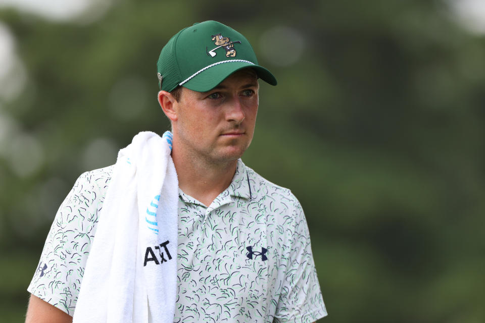MEMPHIS, TENNESSEE - AUGUST 15: Jordan Spieth of the United States looks on from the 12th hole during the first round of the FedEx St. Jude Championship at TPC Southwind on August 15, 2024 in Memphis, Tennessee. (Photo by Mike Mulholland/Getty Images)