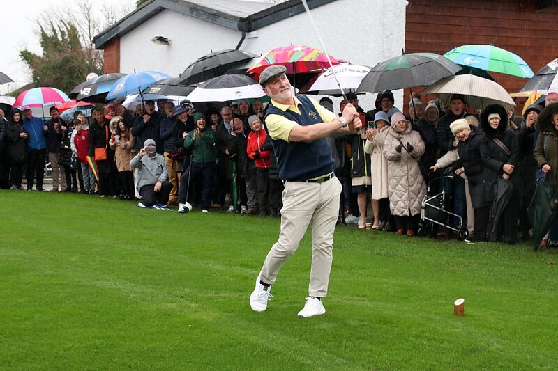 Shane Scanlan teeing off with his Dad's driver from 1991 at the Douglas Drive In. Picture: James Doolan