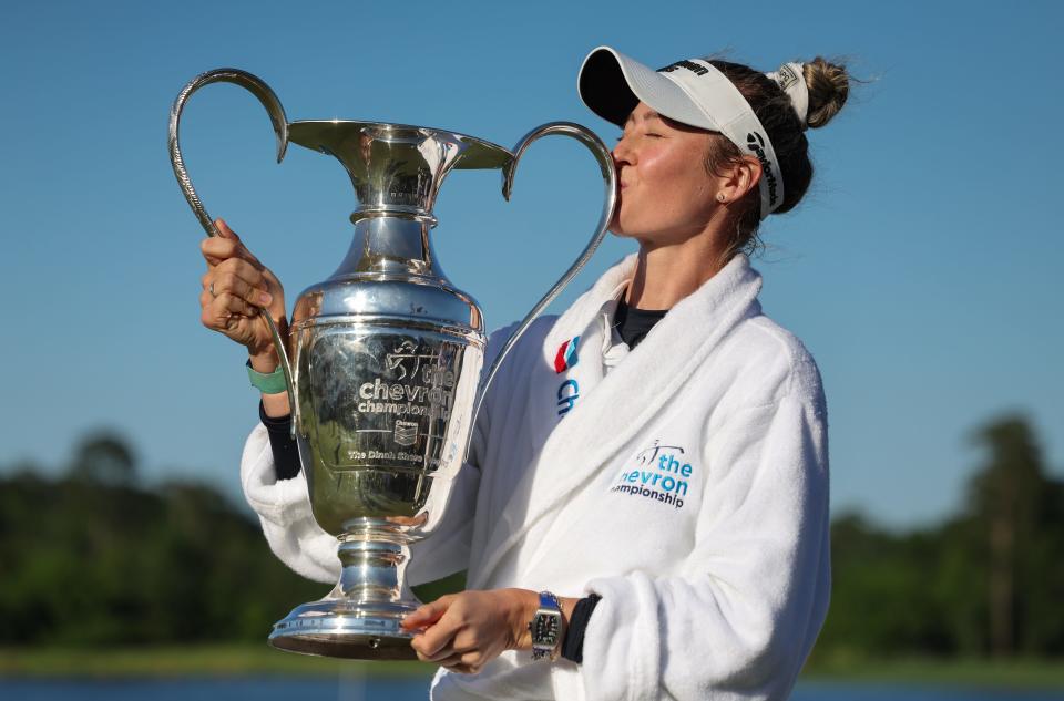 Nelly Korda celebrates with the trophy after winning the 2024 Chevron Championship. (Photo: Thomas Shea-USA TODAY Sports)