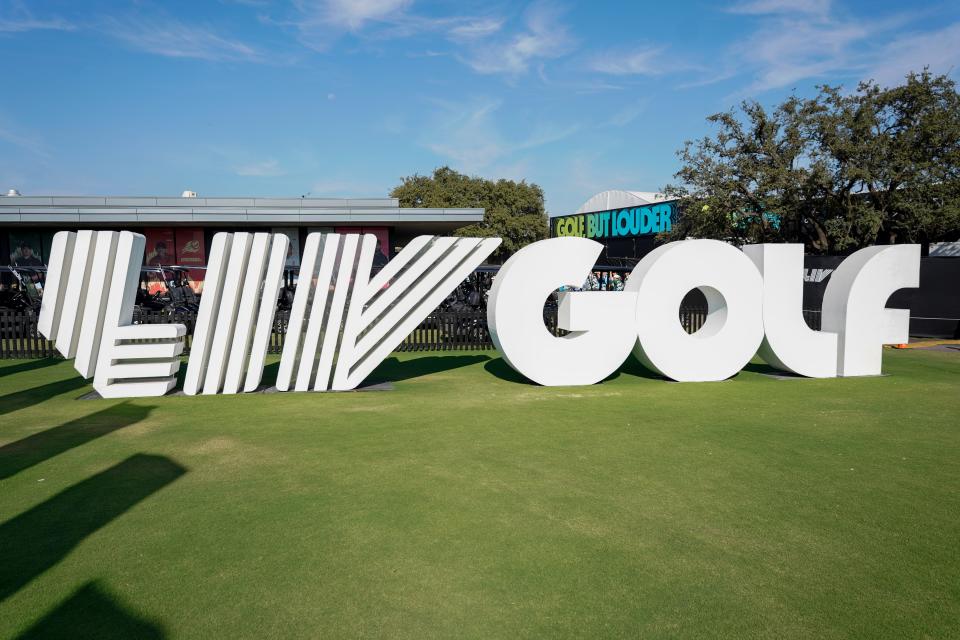 A general view of LIV Golf signage prior to the team championship semifinals at Maridoe Golf Club in Carrolton, Texas on Sept. 21, 2024.
