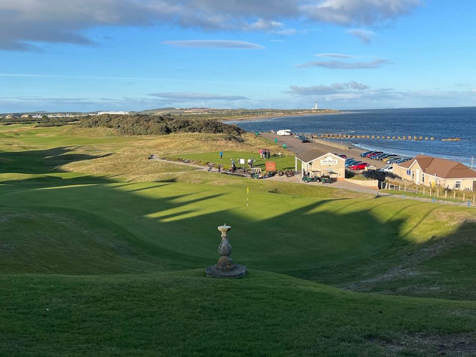 Moray Golf Club's 18th, first tee and pro shop in Scotland (Jason Lusk/Golfweek)