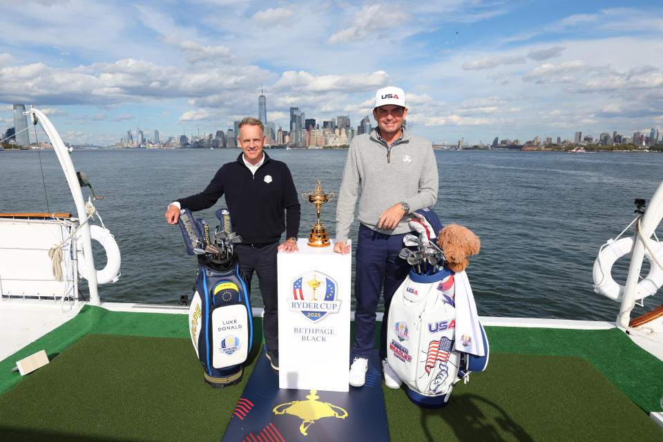 NEW YORK, NEW YORK - OCTOBER 08: Team Captains Luke Donald of England and Keegan Bradley of The United States pose for a photograph with the Ryder Cup Trophy during the Ryder Cup 2024 Year to Go Media Event on October 08, 2024 in New York, New York. (Photo by Andrew Redington/Getty Images)