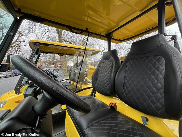 The interior of a Yo-Go buggy. It's not exactly a Rolls-Royce, but at 20p a minute to hire there's little to complain about