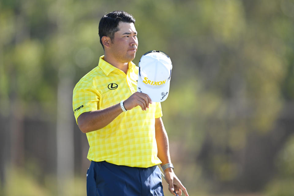 KAPALUA, MAUI, HAWAII - JANUARY 05: Hideki Matsuyama of Japan fist pumps on the 18th green during the final round of The Sentry at The Plantation Course at Kapalua on January 5, 2025 in Kapalua, Maui, Hawaii. (Photo by Ben Jared/PGA TOUR via Getty Images)