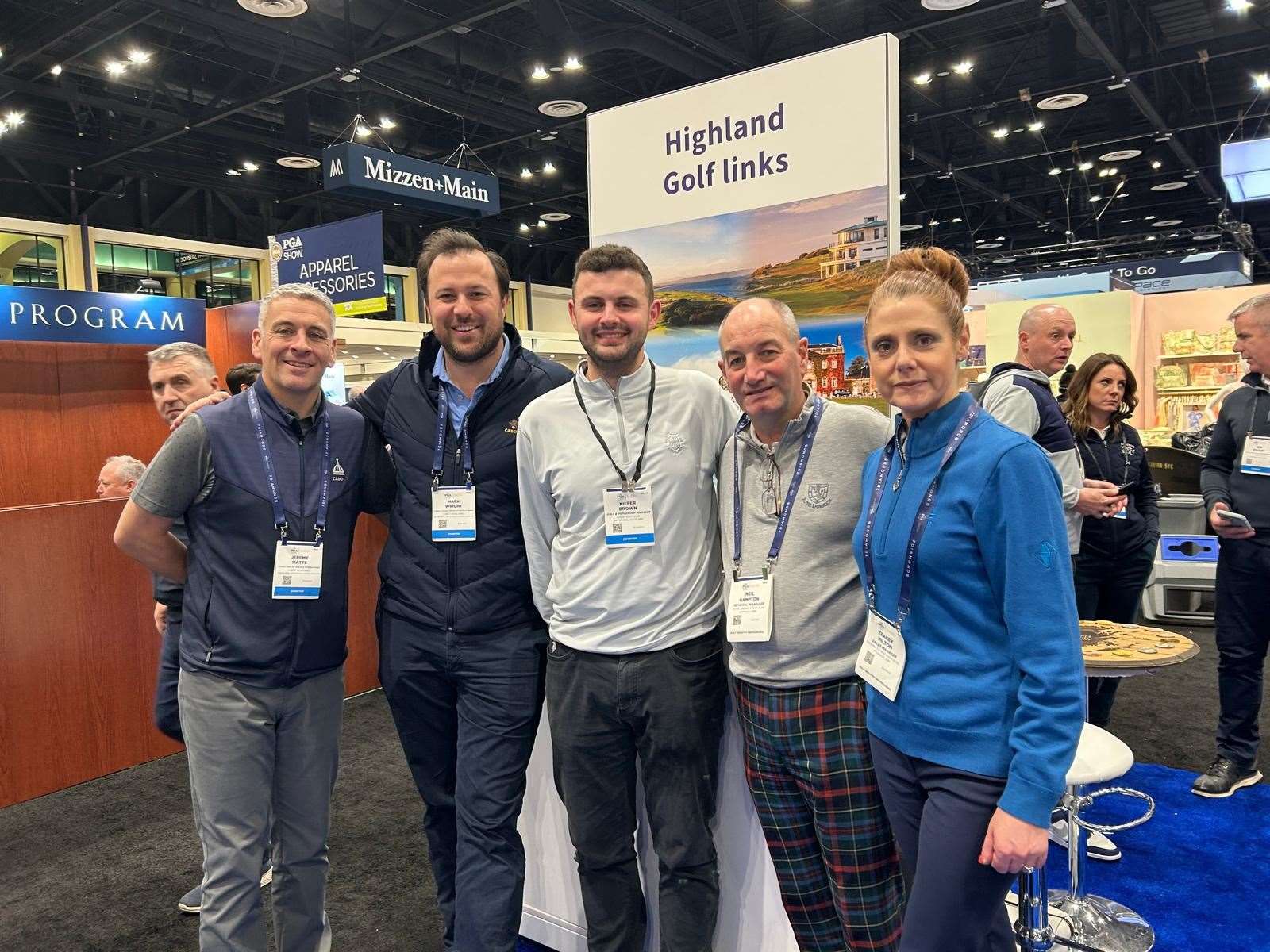 Pictured in Orlando are, from left: Jeremy Matte (Cabot Highlands), Mark Wright (Cabot Highlands), Kiefer Brown (Nairn), Neil Hampton (Royal Dornoch) and Tracey Milton (Kingsmills Hotel Group).