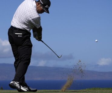 Hideki Matsuyama hit a shot at the 11th hole during the second round of The Sentry on Friday at the Kapalua Plantation Course.