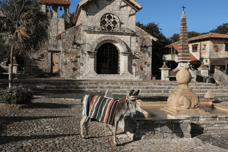 historic stone church facade with a donkey wearing a colorful blanket in a courtyard