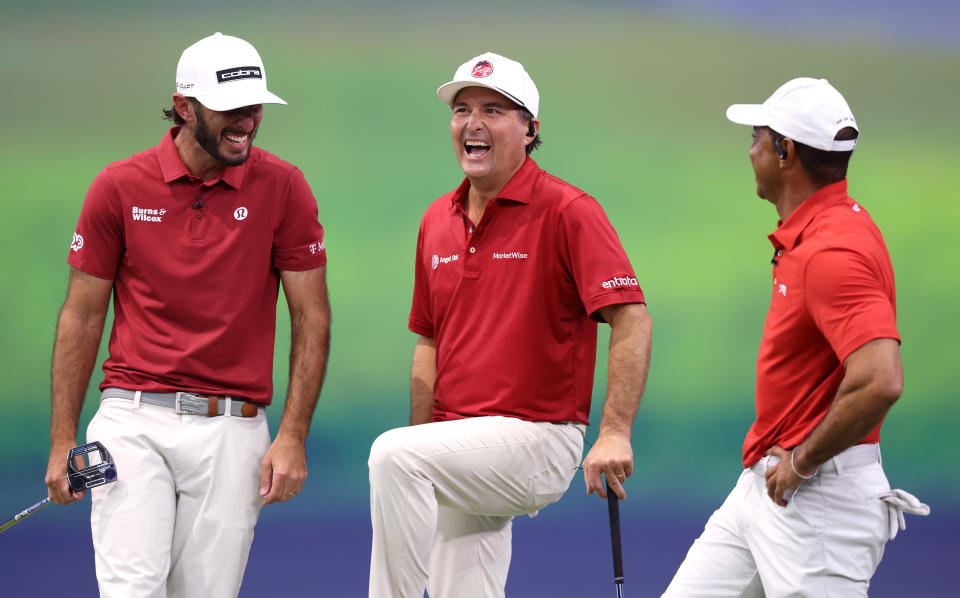 Max Homa, Kevin Kisner and Tiger Woods enjoy a smile amid a beatdown at TGL's second night, (Megan Briggs/TGL/TGL via Getty Images)
