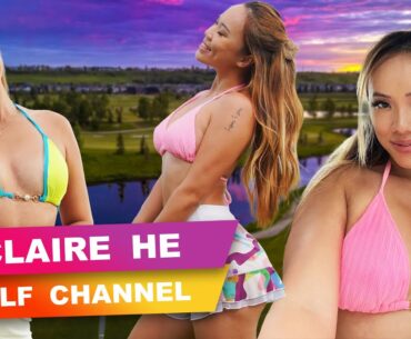 Claire He balances golf ball in her cleavage and tees in underwear as she teases sexiest
